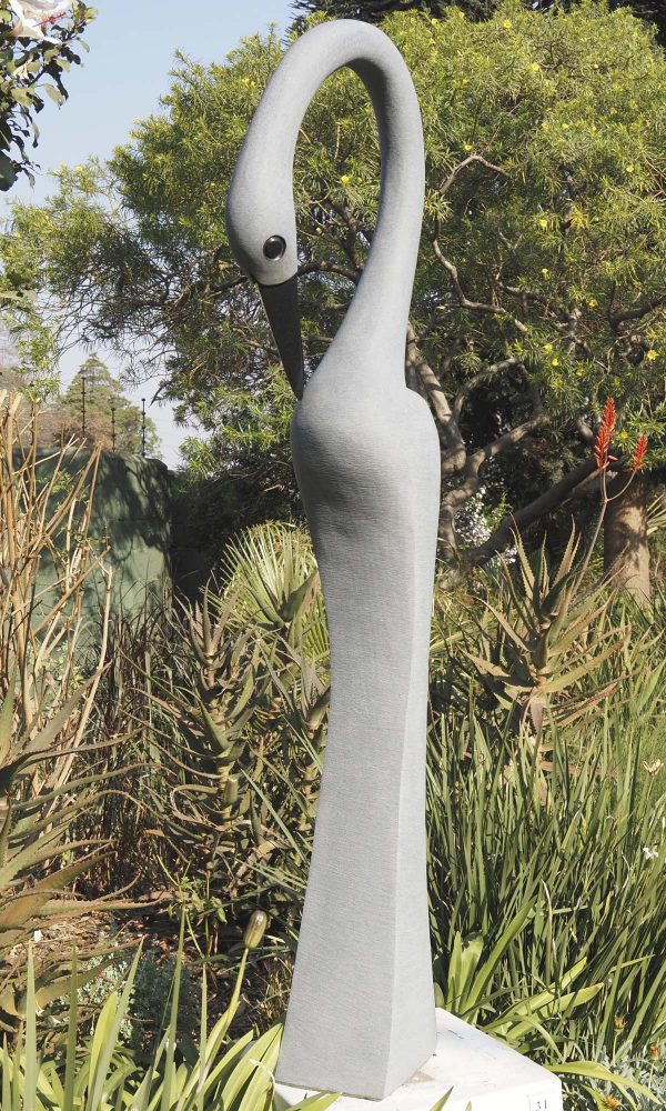 Garden stone bird sculpture - Preening Flamingo by Peter Chidzonga front right
