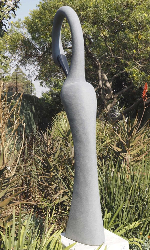 Garden stone bird sculpture - Preening Flamingo by Peter Chidzonga back left