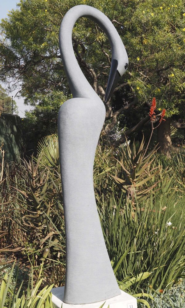 Garden stone bird sculpture - Preening Flamingo by Peter Chidzonga back right