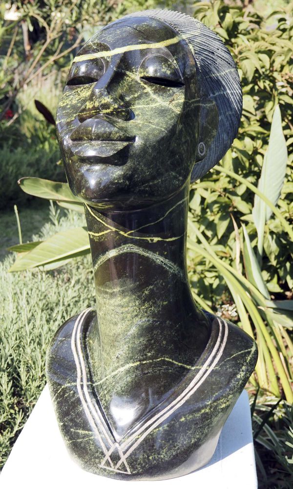 Stone sculpture woman's head Dignity by Joe Mutasa front
