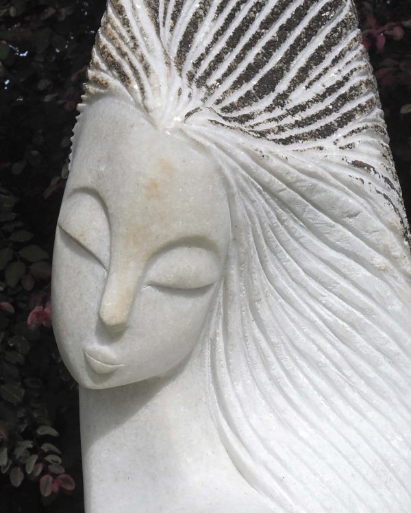 White marble bust head Staying Positive by Tutani Mgabazi - close up of face