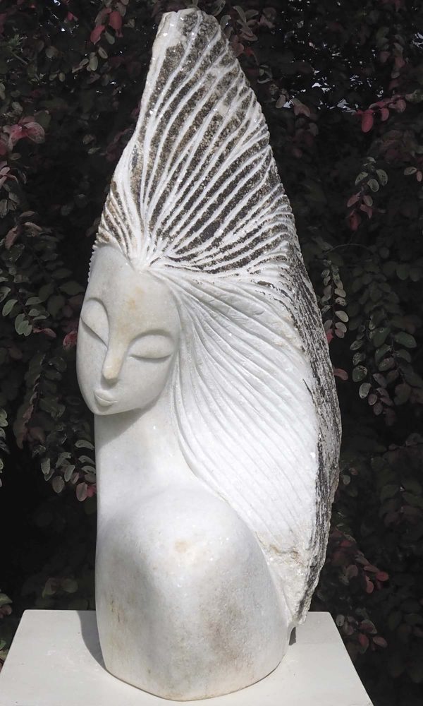White marble bust head Staying Positive by Tutani Mgabazi - front